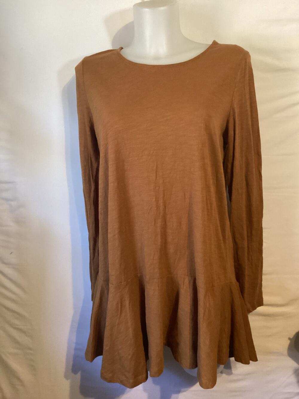 2167 Wishlist Women Ruffle Bottom Long Sleeve Tshirt Dress Caramel Size Large